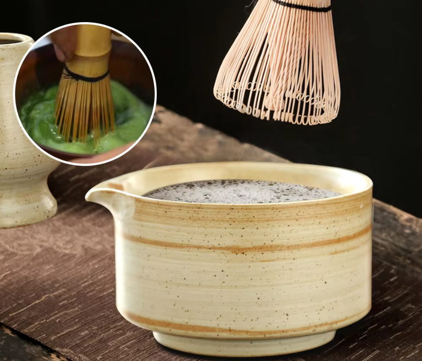 4-delige Japanse Matcha Thee Set – Bamboe Klopper, Lepel, Kom en Keramische Houder, Traditionele Theeceremonie Accessoires