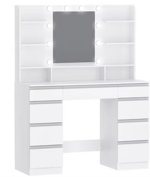 Kaptafel met LED Verlichting en Spiegel – Make-up Tafel met 9 Lades en Opbergrekken