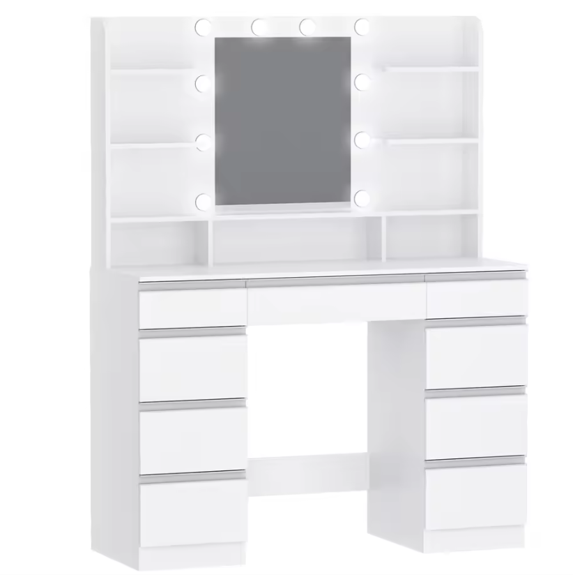 Kaptafel met LED Verlichting en Spiegel – Make-up Tafel met 9 Lades en Opbergrekken