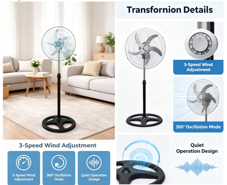 Hoogteverstelbare Staande Ventilator tot 125 cm – 5 Bladen, 90° Oscillatie, Stille Werking en Stabiele Voet