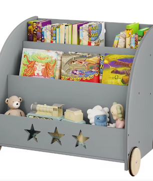 Kinderboekenkast met Wielen en 3 Planken – Opbergmeubel voor Boeken en Speelgoed