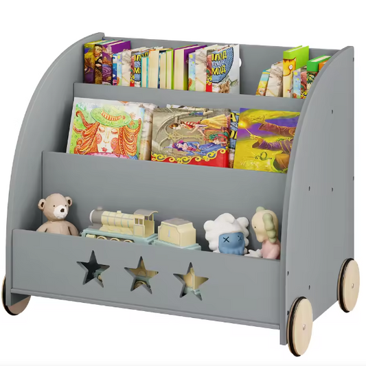 Kinderboekenkast met Wielen en 3 Planken – Opbergmeubel voor Boeken en Speelgoed