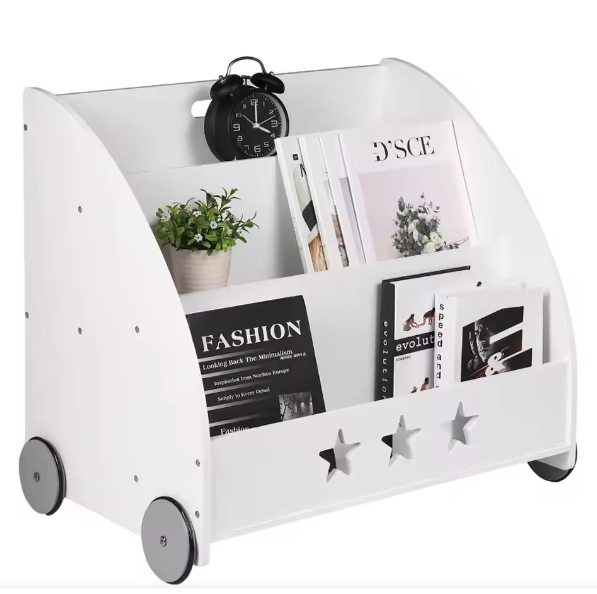 Kinderboekenkast met Wielen en 3 Planken – Opbergmeubel voor Boeken en Speelgoed