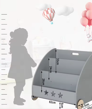 Kinderboekenkast met Wielen en 3 Planken – Opbergmeubel voor Boeken en Speelgoed