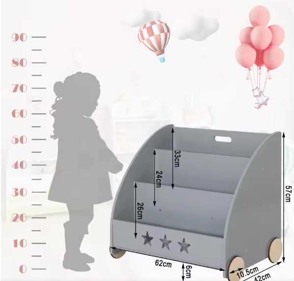 Kinderboekenkast met Wielen en 3 Planken – Opbergmeubel voor Boeken en Speelgoed