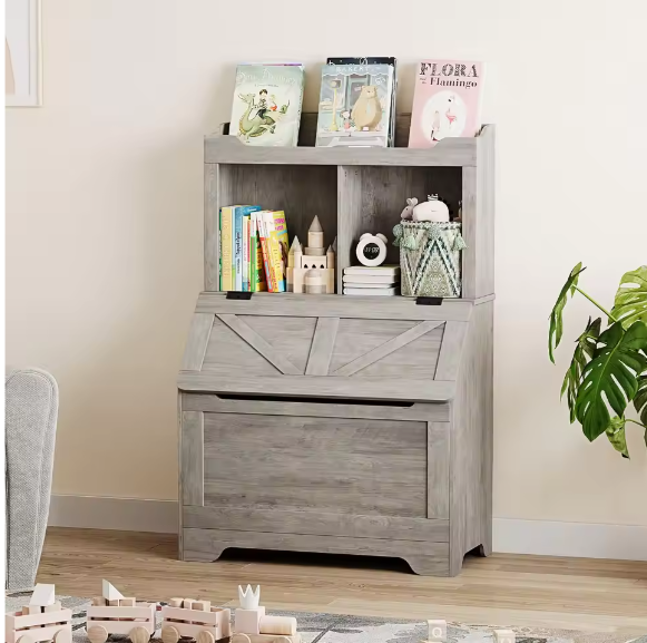 Houten Kinderboekenkast met Speelgoedkist en Flip-Top Deksel