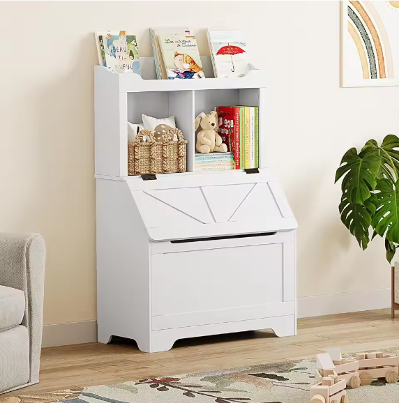 Houten Kinderboekenkast met Speelgoedkist en Flip-Top Deksel