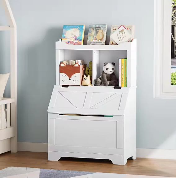 Houten Kinderboekenkast met Speelgoedkist en Flip-Top Deksel