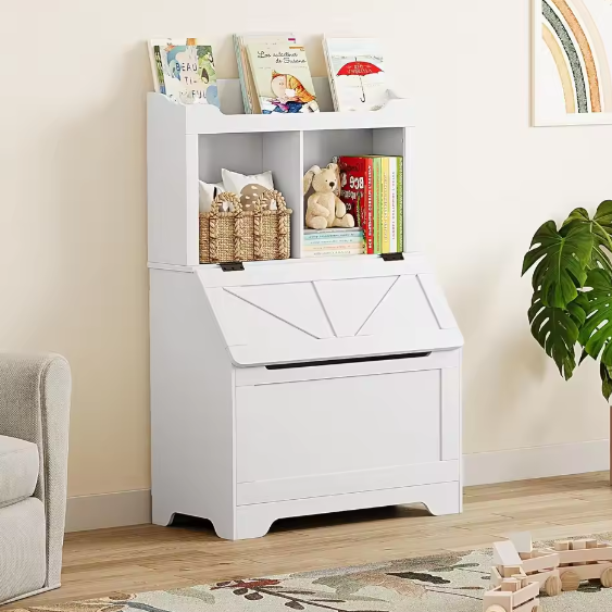 Houten Kinderboekenkast met Speelgoedkist en Flip-Top Deksel