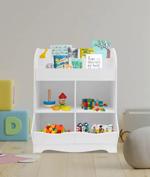 Houten Kinderspeelgoed Opbergplank – 4 Opbergvakken, Open Design Boekenkast, 67x30x89 cm