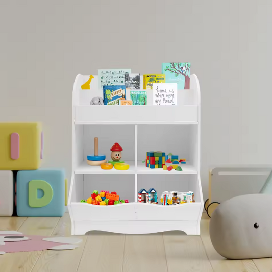 Houten Kinderspeelgoed Opbergplank – 4 Opbergvakken, Open Design Boekenkast, 67x30x89 cm