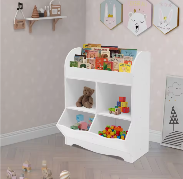 Houten Kinderspeelgoed Opbergplank – 4 Opbergvakken, Open Design Boekenkast, 67x30x89 cm