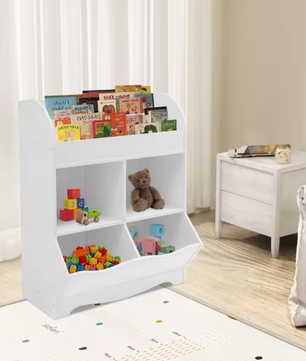 Houten Kinderspeelgoed Opbergplank – 4 Opbergvakken, Open Design Boekenkast, 67x30x89 cm