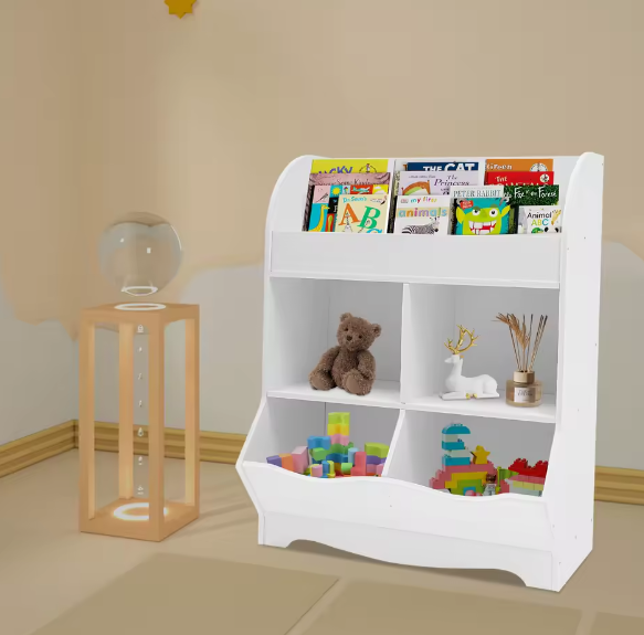 Houten Kinderspeelgoed Opbergplank – 4 Opbergvakken, Open Design Boekenkast, 67x30x89 cm