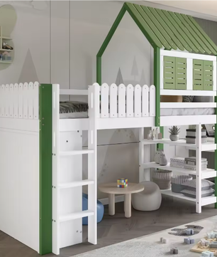 Hoogslaper Kinderbed – Met Dak, Raam, Ladder en Opbergruimte, 90x200 cm