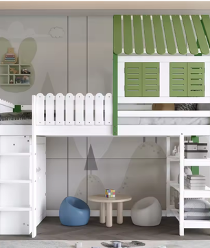 Hoogslaper Kinderbed – Met Dak, Raam, Ladder en Opbergruimte, 90x200 cm