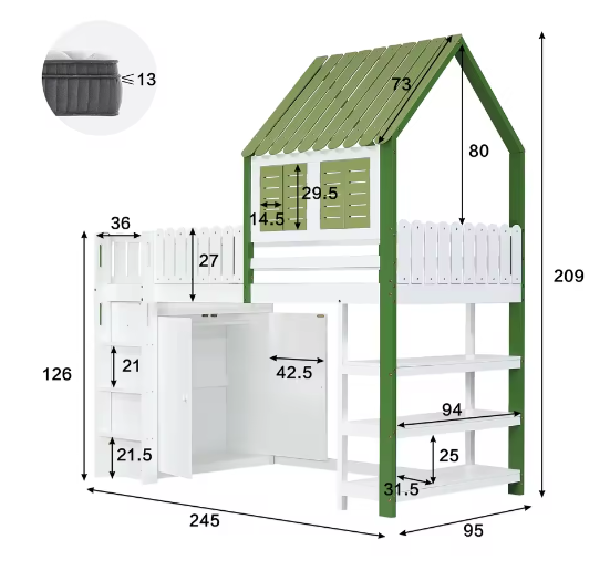Hoogslaper Kinderbed – Met Dak, Raam, Ladder en Opbergruimte, 90x200 cm