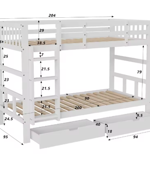 Kinderstapelbed 90x200 cm – 2 Opberglades, Converteerbaar naar Twee Eenpersoonsbedden