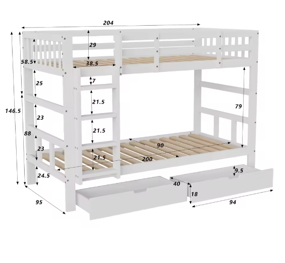 Kinderstapelbed 90x200 cm – 2 Opberglades, Converteerbaar naar Twee Eenpersoonsbedden
