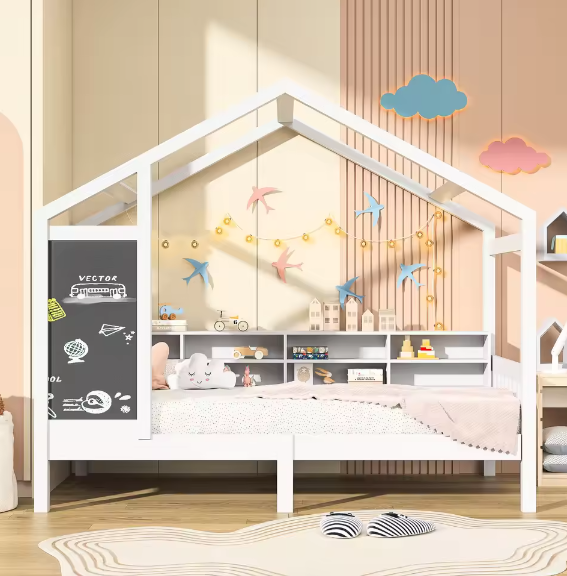 Kinderbed Huisbed 90x200 cm met Lade en Schoolbord