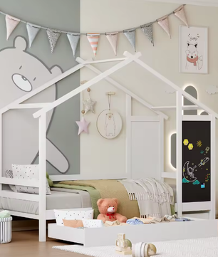 Kinderbed Huisbed 90x200 cm met Lade en Schoolbord