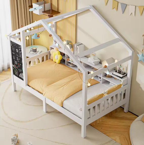 Kinderbed Huisbed 90x200 cm met Lade en Schoolbord