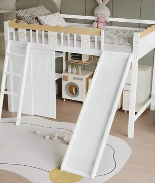 Hoogslaper Kinderbed 90x200 cm met Glijbaan en Opbergruimte