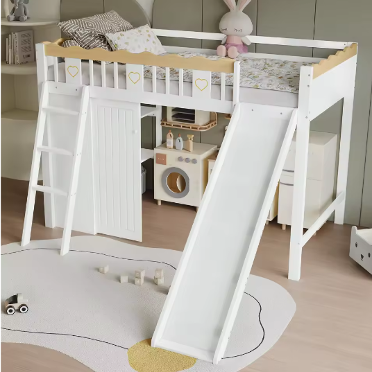 Hoogslaper Kinderbed 90x200 cm met Glijbaan en Opbergruimte