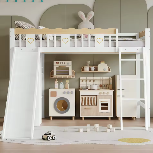 Hoogslaper Kinderbed 90x200 cm met Glijbaan en Opbergruimte