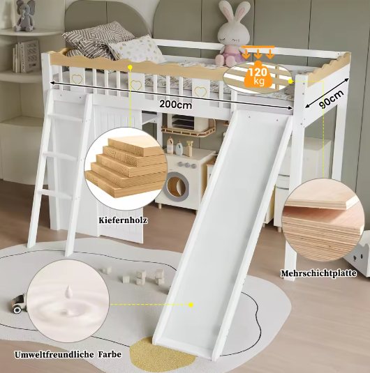 Hoogslaper Kinderbed 90x200 cm met Glijbaan en Opbergruimte