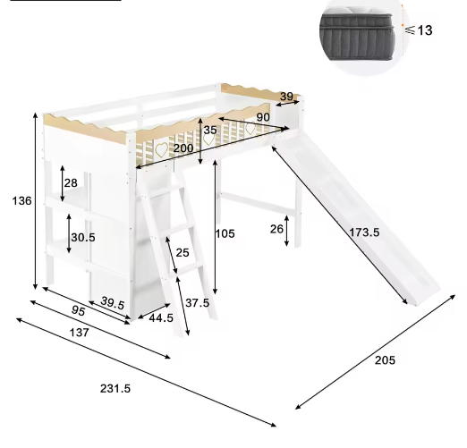 Hoogslaper Kinderbed 90x200 cm met Glijbaan en Opbergruimte