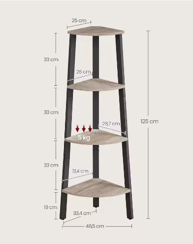Hoekplank met 4 Niveaus en Stalen Frame – 125 cm Hoog