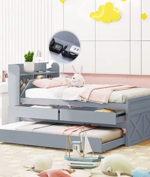 Eenpersoons Kinderbed 90×190 cm met Uittrekbed, Lades en USB