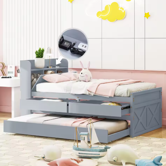 Eenpersoons Kinderbed 90×190 cm met Uittrekbed, Lades en USB