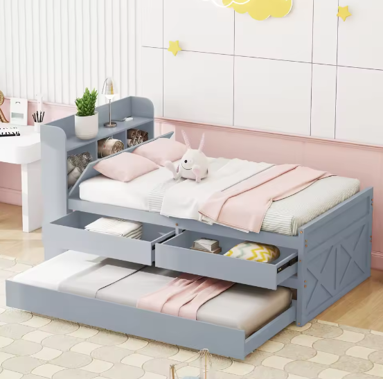 Eenpersoons Kinderbed 90×190 cm met Uittrekbed, Lades en USB