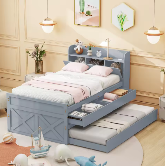 Eenpersoons Kinderbed 90×190 cm met Uittrekbed, Lades en USB