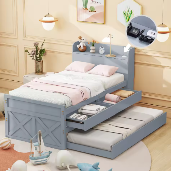 Eenpersoons Kinderbed 90×190 cm met Uittrekbed, Lades en USB