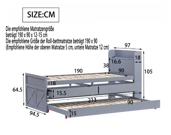 Eenpersoons Kinderbed 90×190 cm met Uittrekbed, Lades en USB