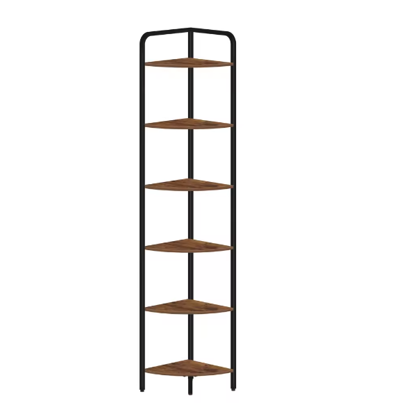 Hoekboekenkast met 6 Planken en Metalen Frame – Staande Hoekplank voor Woonkamer en Kantoor