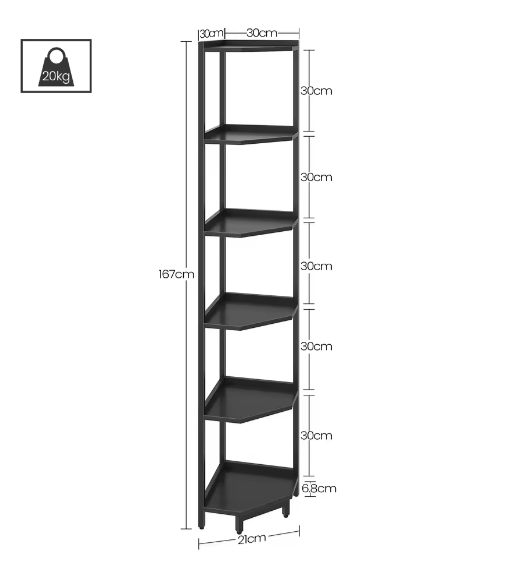 Hoekboekenkast met 6 Planken en Metalen Frame – Staande Hoekplank voor Woonkamer en Kantoor