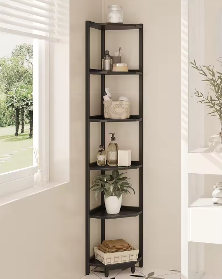 Hoekboekenkast met 6 Planken en Metalen Frame – Staande Hoekplank voor Woonkamer en Kantoor