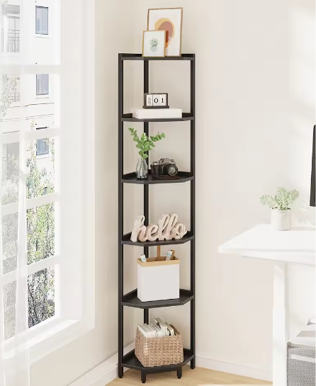 Hoekboekenkast met 6 Planken en Metalen Frame – Staande Hoekplank voor Woonkamer en Kantoor