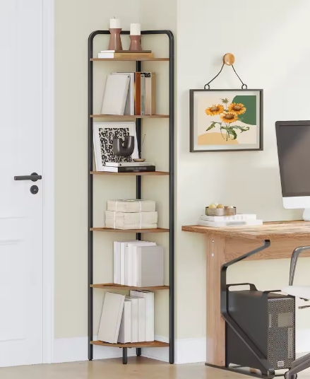 Hoekboekenkast met 6 Planken en Metalen Frame – Staande Hoekplank voor Woonkamer en Kantoor