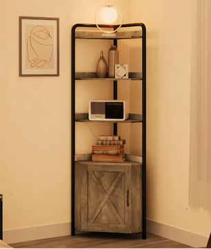 Grijze Hoekkast met Deur en 5 Planken – Vrijstaande Hoekboekenkast in Boerderijstijl