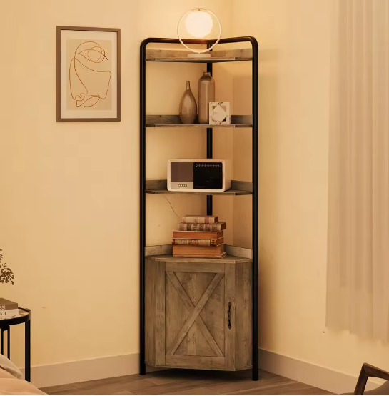 Grijze Hoekkast met Deur en 5 Planken – Vrijstaande Hoekboekenkast in Boerderijstijl