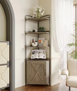 Grijze Hoekkast met Deur en 5 Planken – Vrijstaande Hoekboekenkast in Boerderijstijl