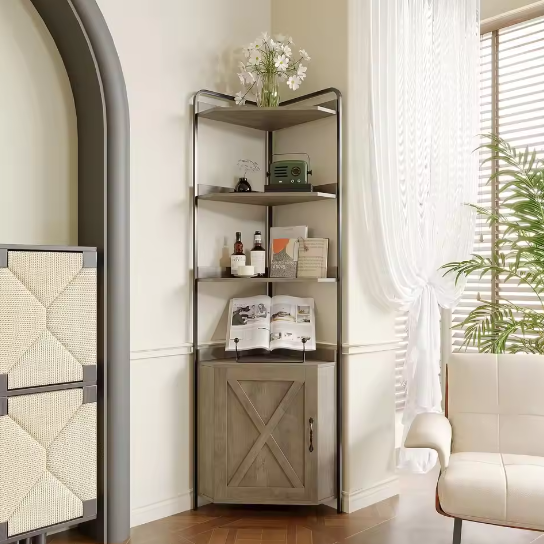 Grijze Hoekkast met Deur en 5 Planken – Vrijstaande Hoekboekenkast in Boerderijstijl