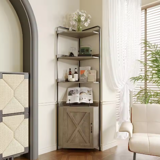 Grijze Hoekkast met Deur en 5 Planken – Vrijstaande Hoekboekenkast in Boerderijstijl