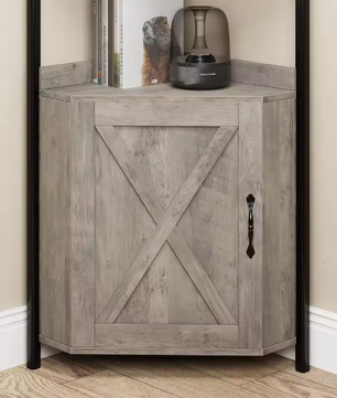 Grijze Hoekkast met Deur en 5 Planken – Vrijstaande Hoekboekenkast in Boerderijstijl