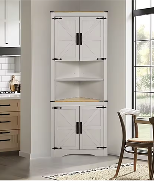 Hoge Hoekkast met Schuifdeur en Verstelbare Planken – Boerderij Opbergkast voor Badkamer en Woonkamer